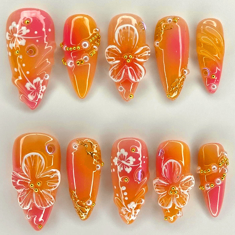 48Pcs-Pink Orange Ombre 3D Flower Almond Press on Nails Gold Beads Fake Tips