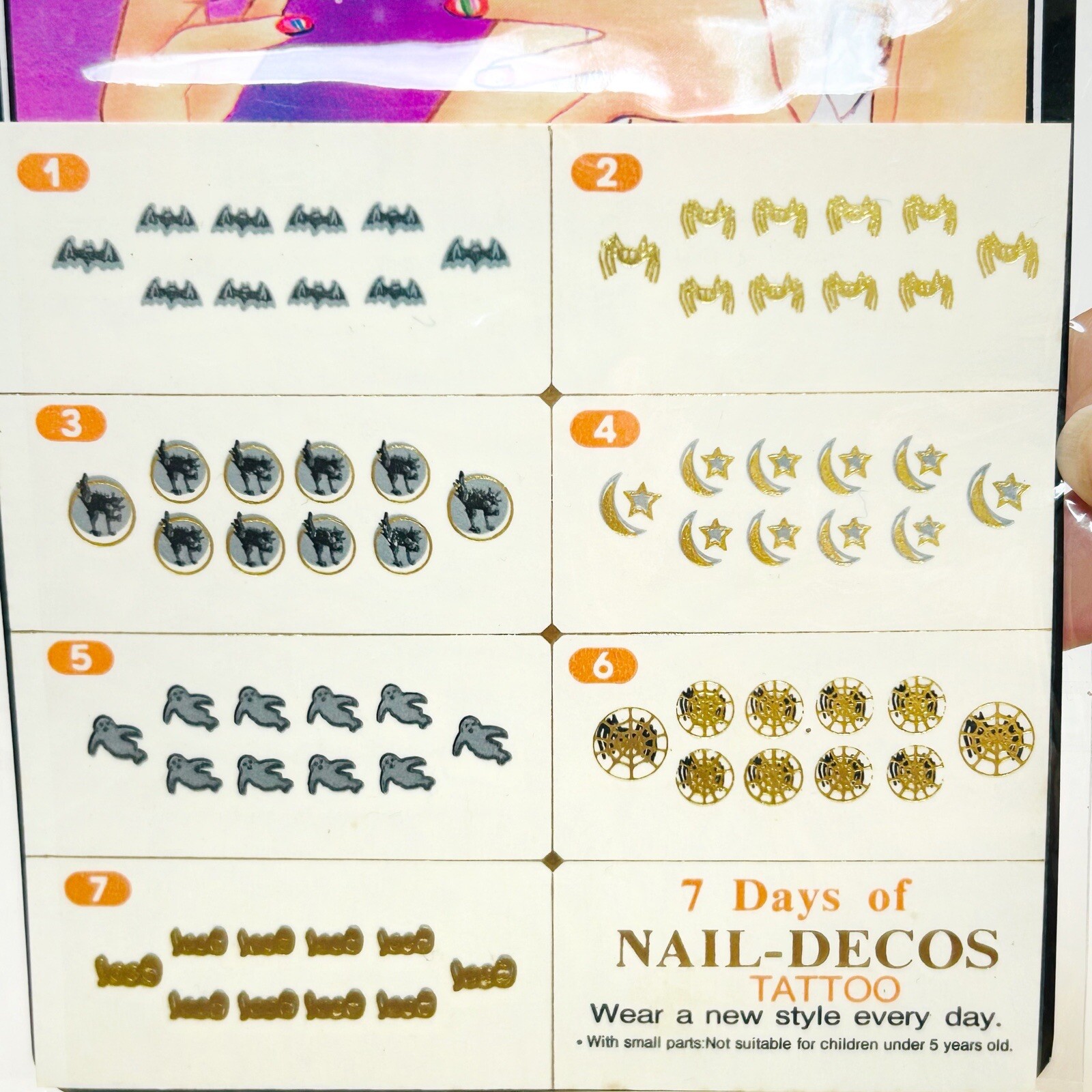 Vintage 90s Y2K Nail Decos Nail Art Tattoos Halloween Black Gold Cats Bats Moon
