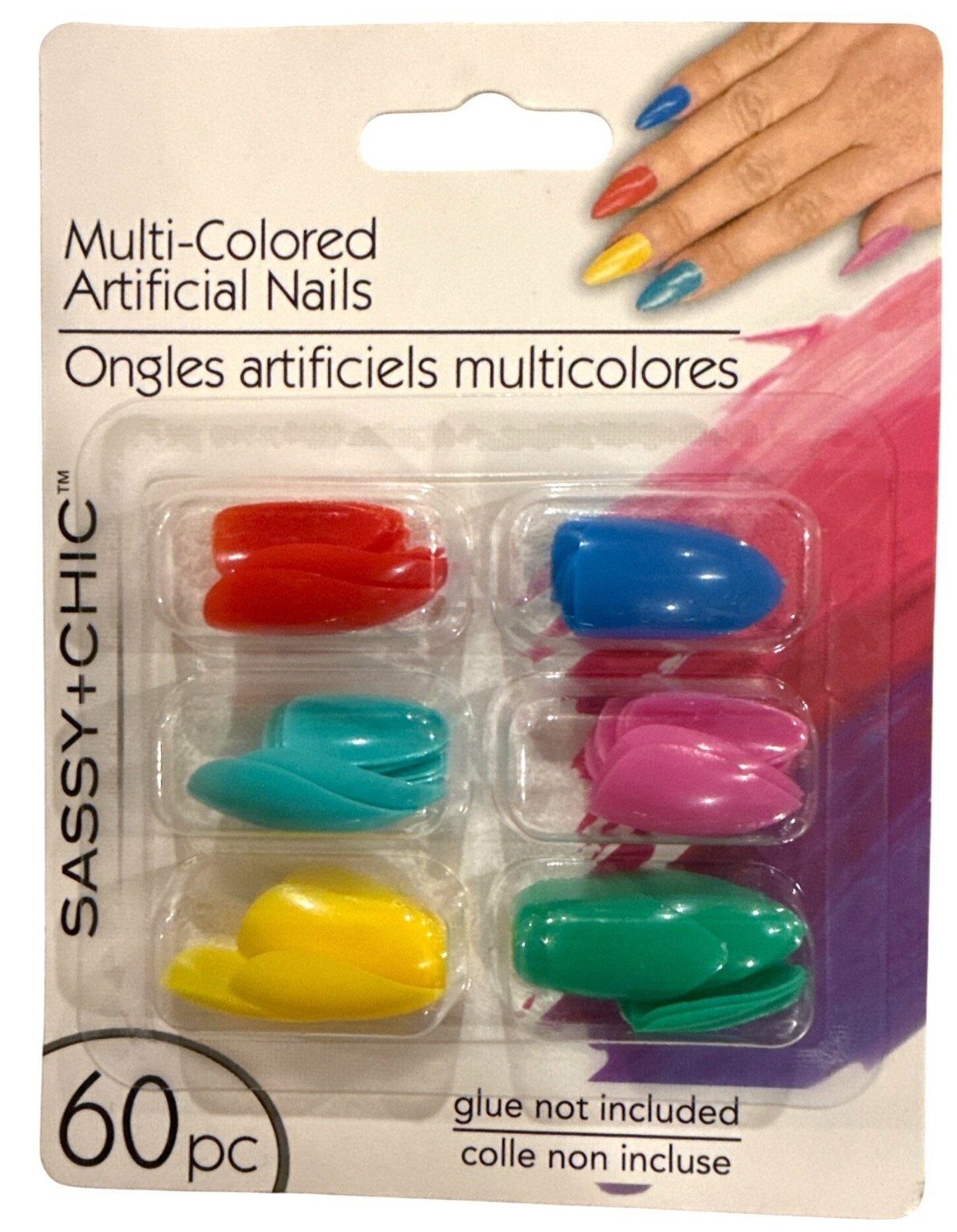 SASSY+CHIC 60 Multi Colored Nails Long Almond GLOSSY Red+Blue+Pink+Yellow+Green