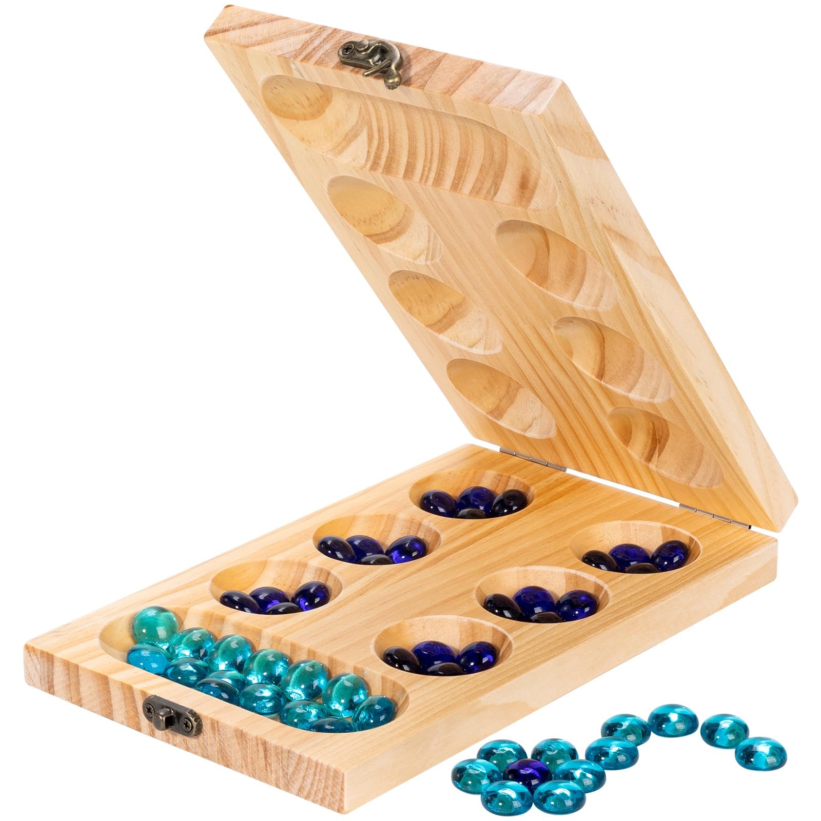 Wooden Mancala Board Game Set,Larger Size 17.6*5.2 inches, Woodgrain Color