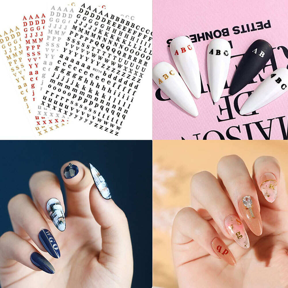 Nail Art Sticker Decals Transfers Black Gold Red Silver White Alphabet Letters
