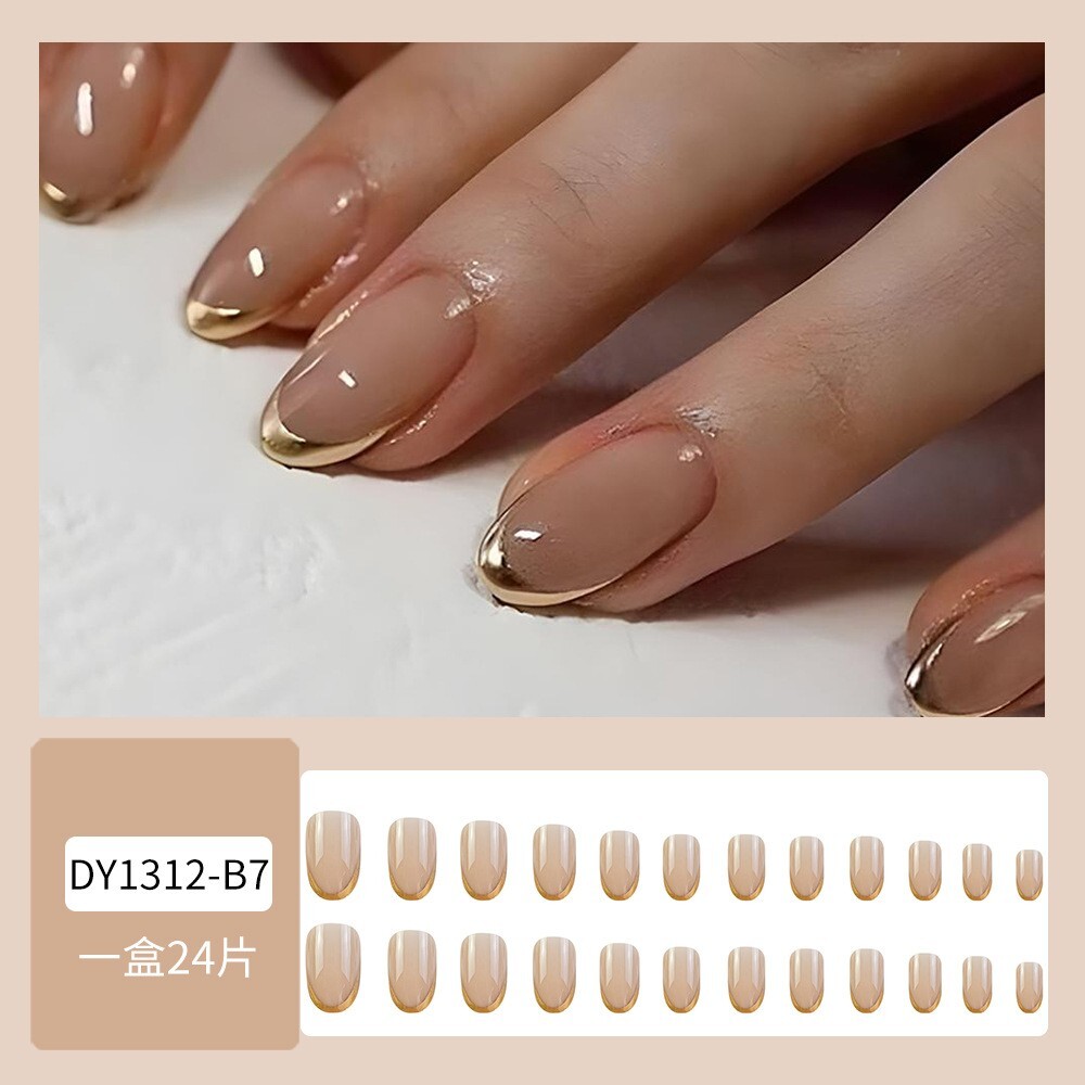 24pcs Gilding French Style Elegant Ins Pretty Press on Nails, Short Oval Shape