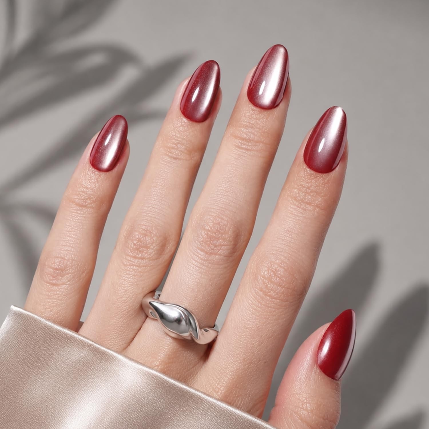 WiniBeauty Red Cat Eye Press On Nails – Burgundy Short Almond Fake Nails | Da…