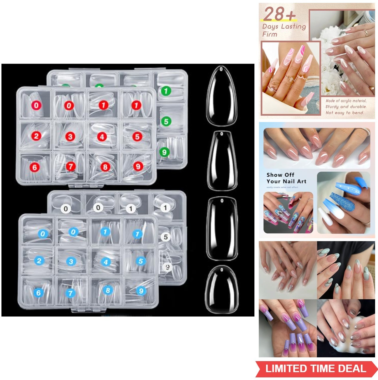 Clear Nail Tips 1000Pcs Full Cover False Nails Acrylic 10 Sizes 4 Shapes Almond