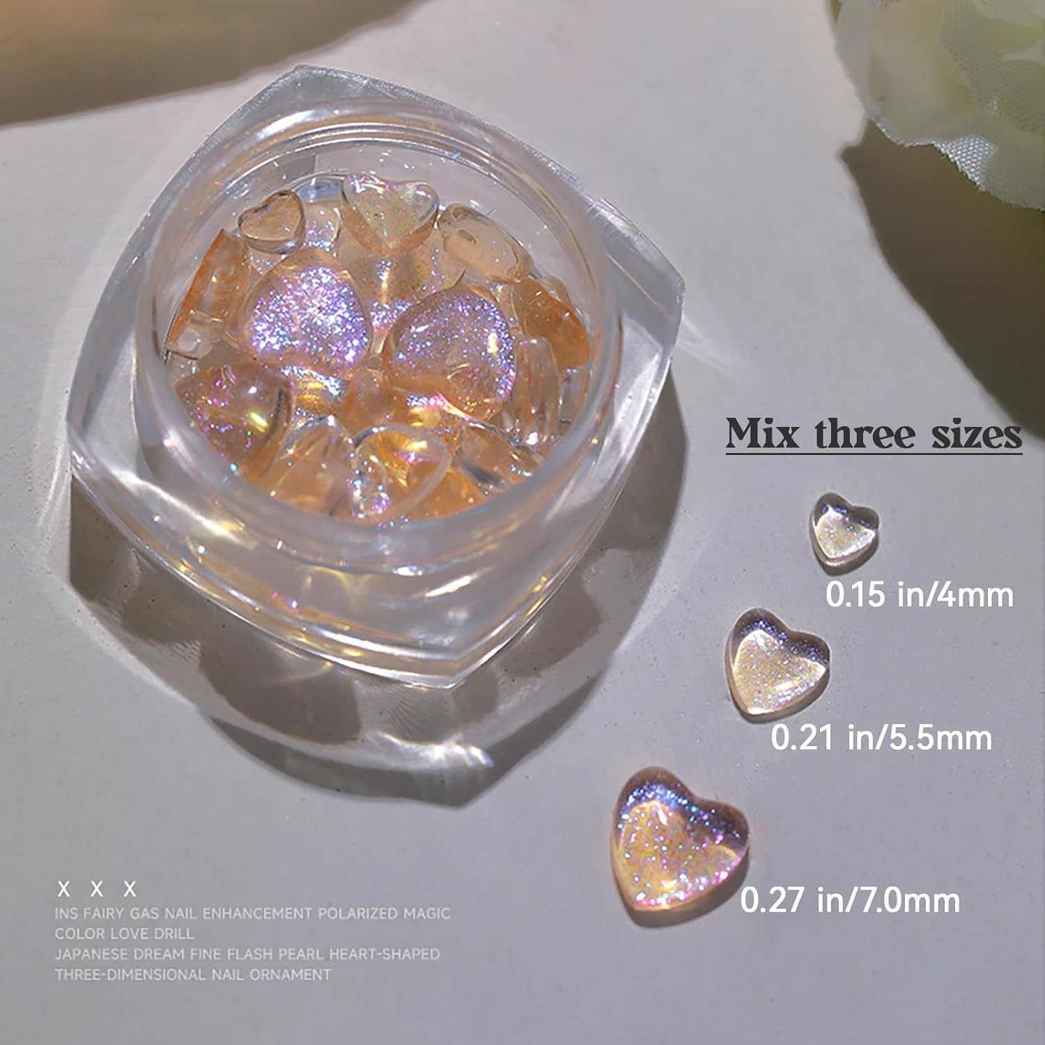 6 Jars Heart Nail Art Charms, 180Pcs Aurora Resin Rhinestones 3D