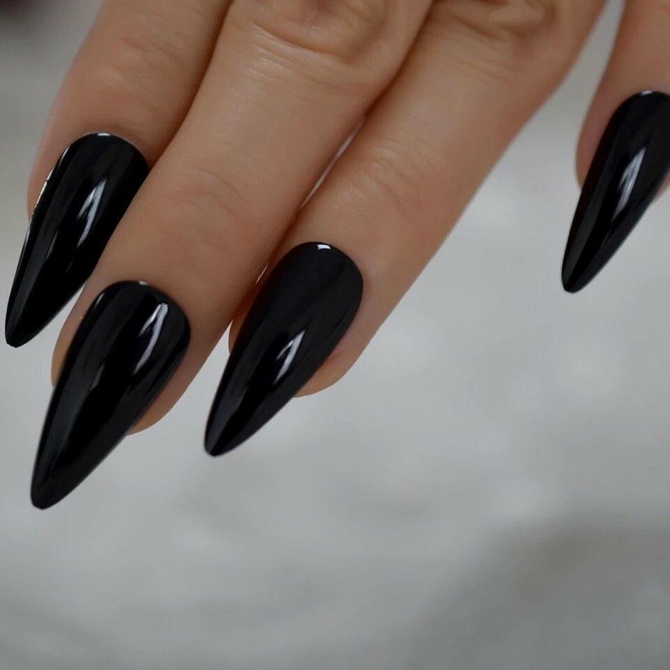 Long Black Stiletto Press On Nails Glossy goth wet look vinyl