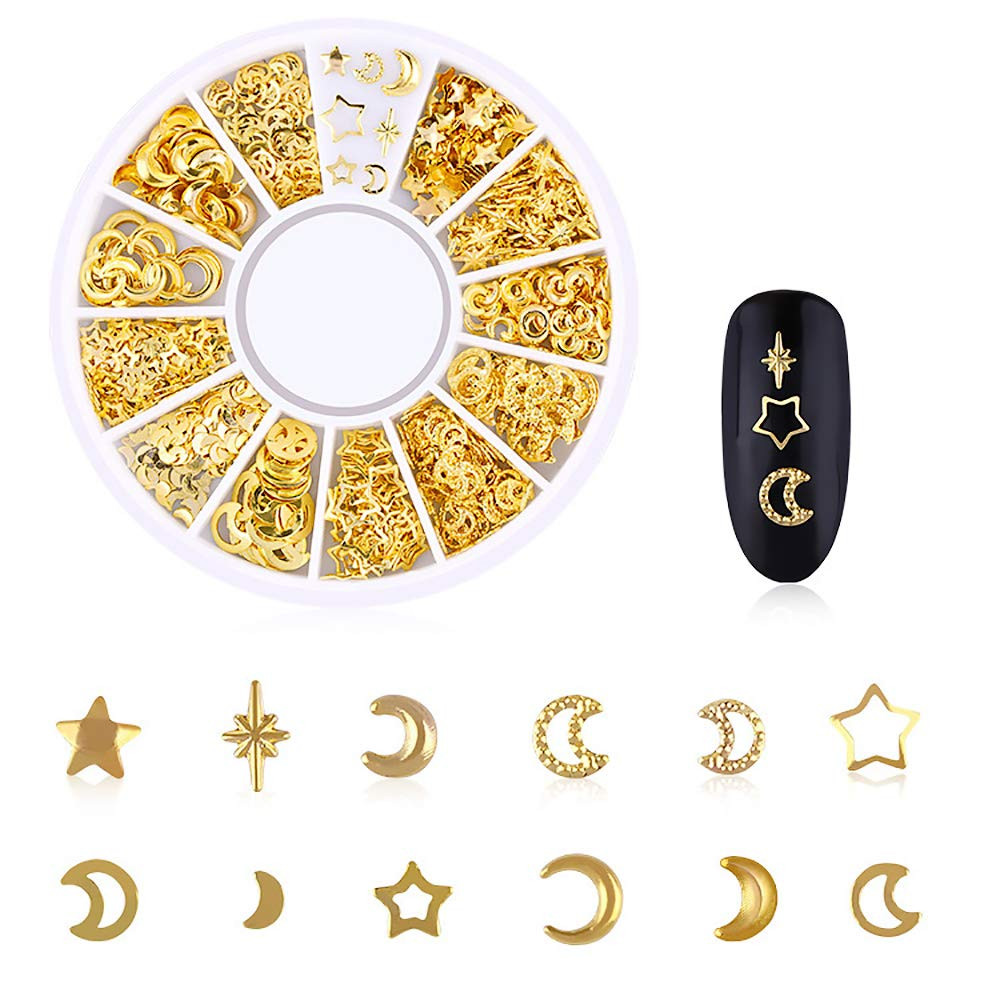 6 Boxes Gold Nail Charms Studs Rose Star Moon Feather Shape Metal Nail 3D Charm