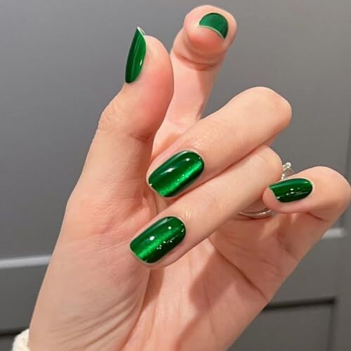 Green Press on Nails Short Square Fake Nails Glitter False Nails with Style8