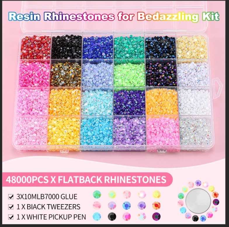 Vertdens 48 Colours 48000 Pieces 3mm Bedazzling Kit, Flatback Rhinestones, Re…
