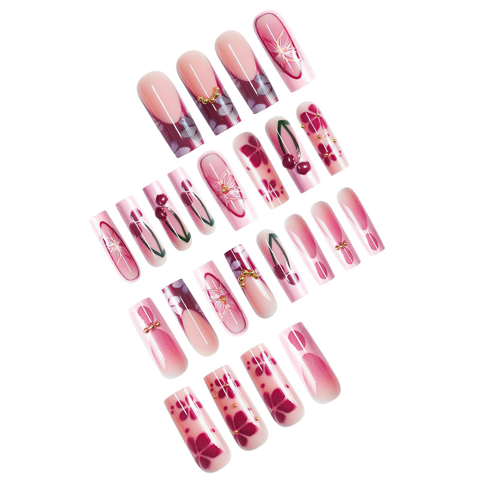 FNKFNK Pink Red French Tip Press on Nails Long Square Fake Nails with Gold Be…