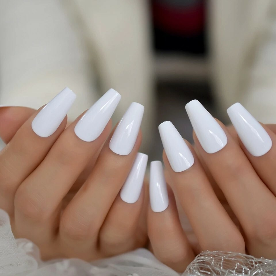 White Press On Nails Glue On Matte or Glossy Long Coffin 24