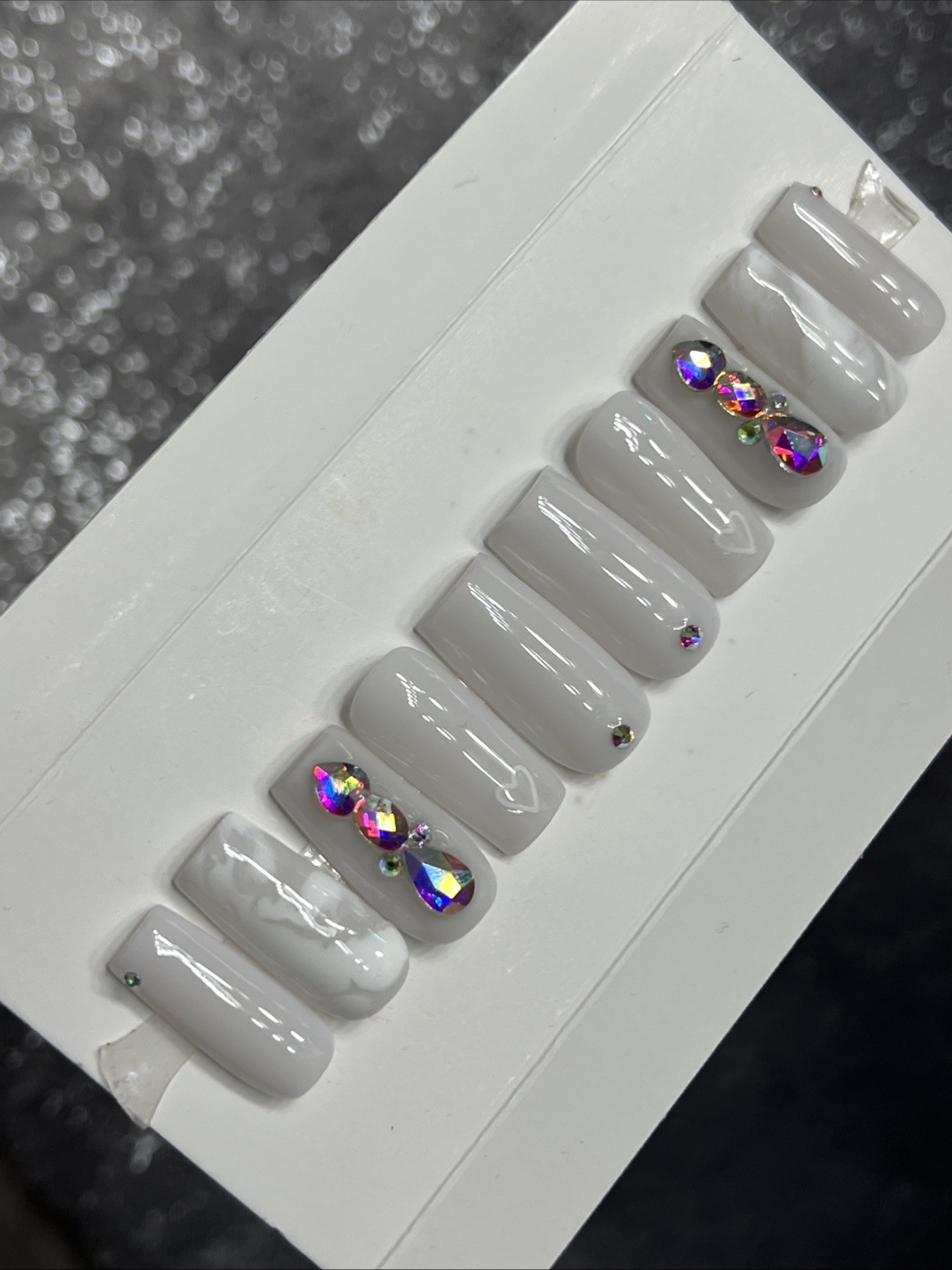 🔥 CUSTOM Gel Press On Nails, MILKY WHITE HEART W BLING 10p FULL SET W Kit