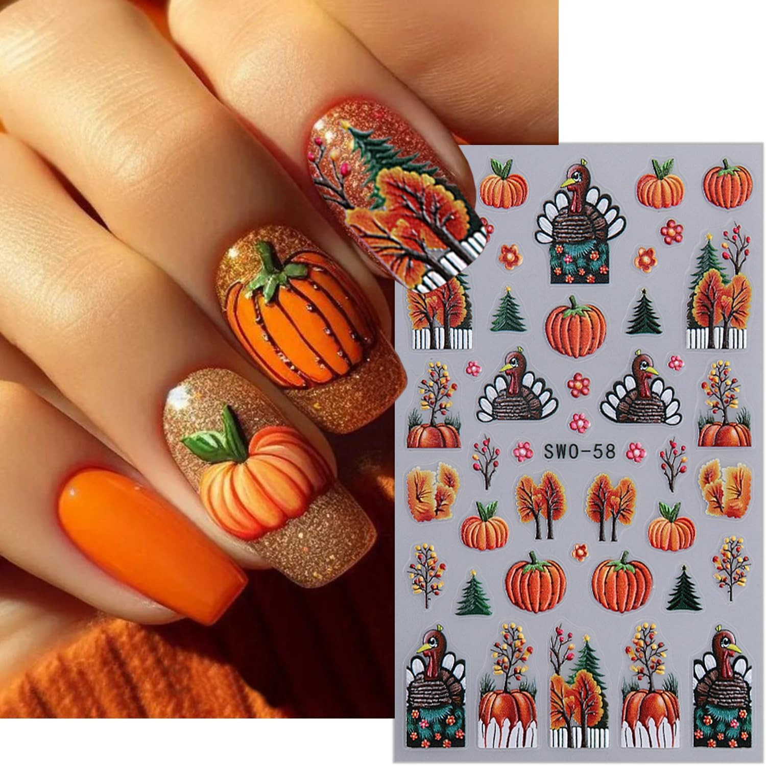 2 Sheets Thanksgiving Nail Stickers for Nail Art 5D Self-Adhesive Fall Nail Art