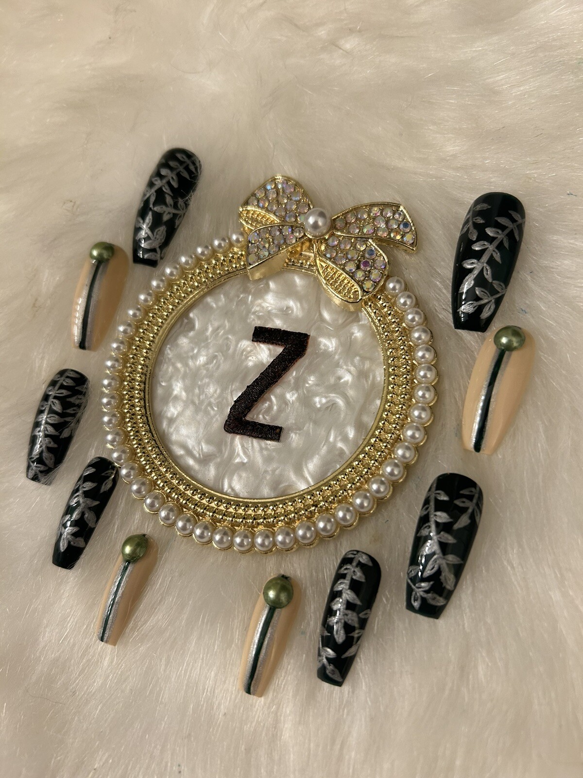 Z NAILZ! Gorgeous Set Of Dk Green/Beige L Coffin W/Bling Press On Nails