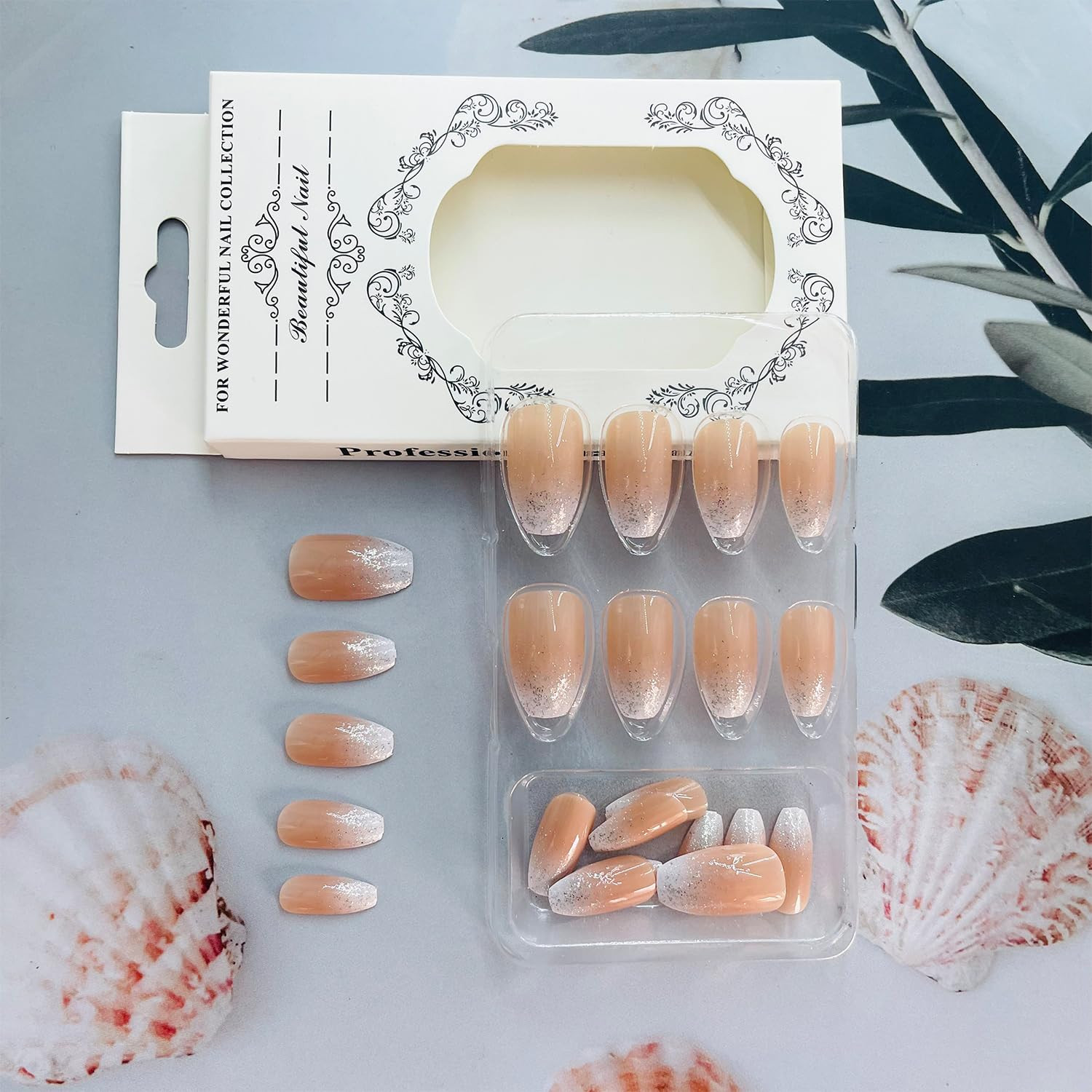 Silver Glitter French Tip Press on Nails Medium Coffin Fake Nails Gradient