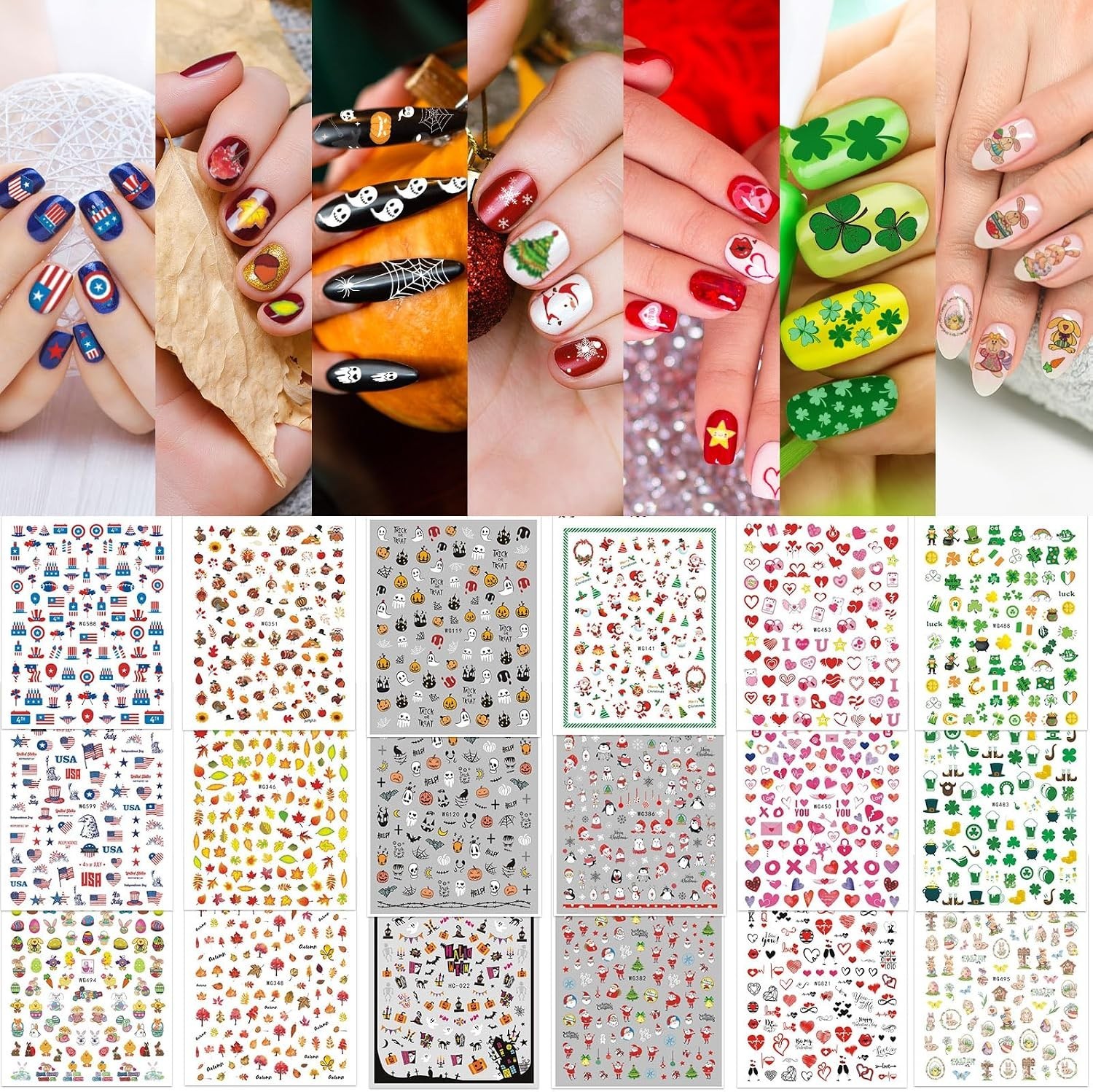 18 Sheets All Season Nail Art Stickers Easter St. Patrick’s All Holiday Valen…