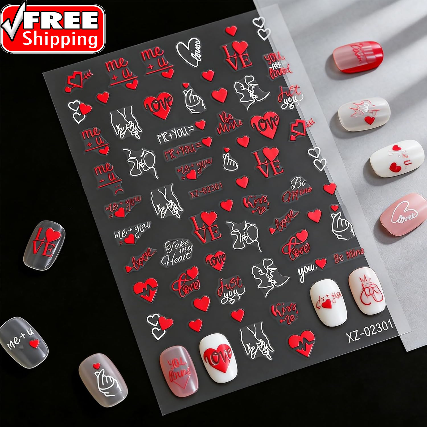 6 Sheets Valentine’S Day Nail Stickers, 3D Red & White Heart Nail Art Decals, Gl