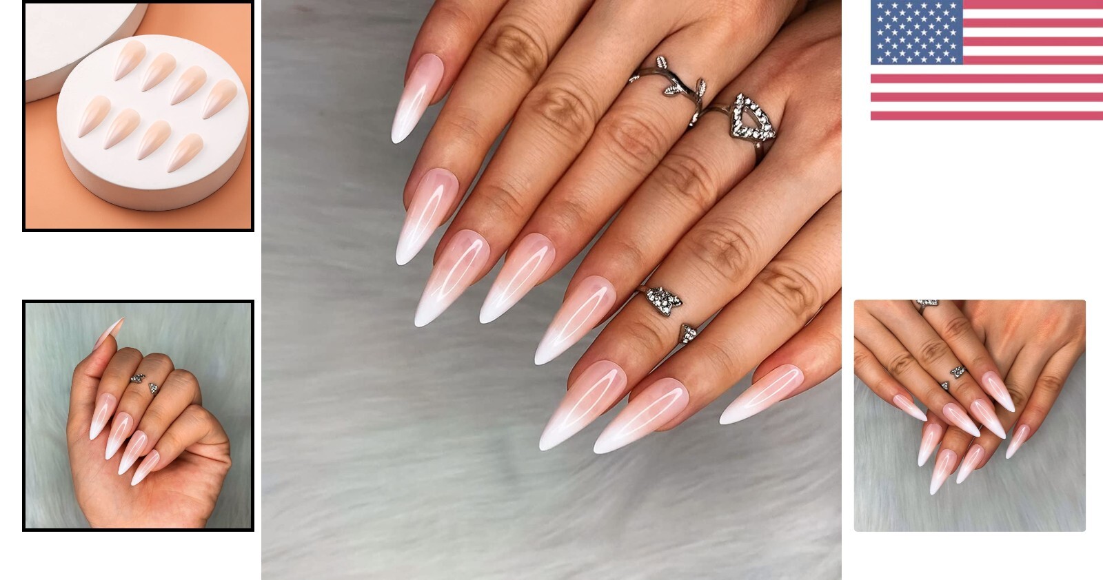 French Ombre Fake Nails – Medium Long Stiletto Almond Press on Nail Tips – 24pcs