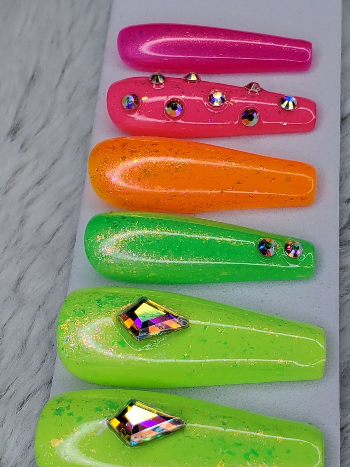 Bright neon rainbow studded crystal nails press on nails bling diamond ballerina