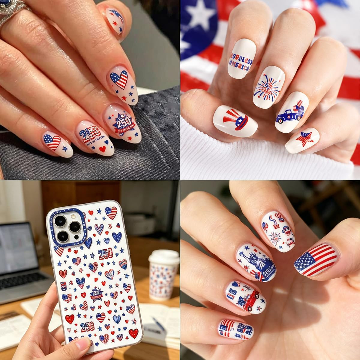 4Th of July Nail Stickers Decals Red White Blue Independence Day Map Fireworks 3