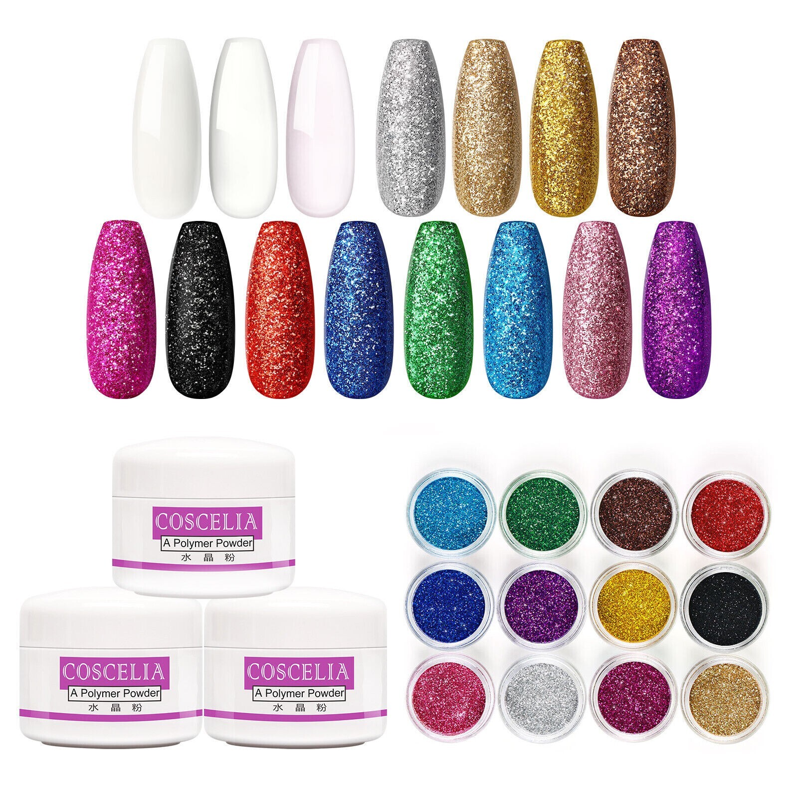 21 Nail Kit Acrylic Powder Glitter Beginner Art Manicure Tool Tips Brush Set