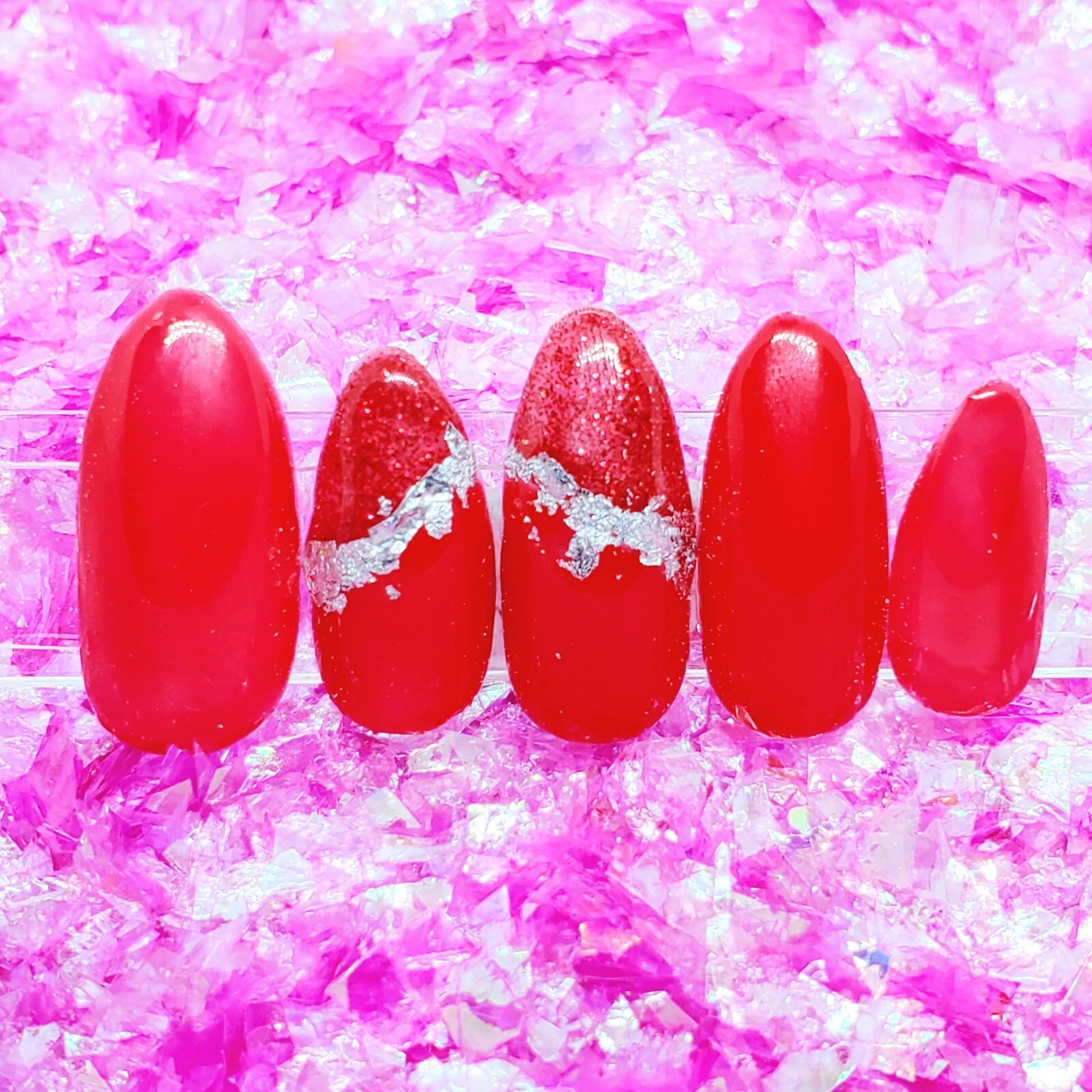 Red Glitter Silver Foil Outline Short Stiletto Press On Nails Handmade Hard Gel