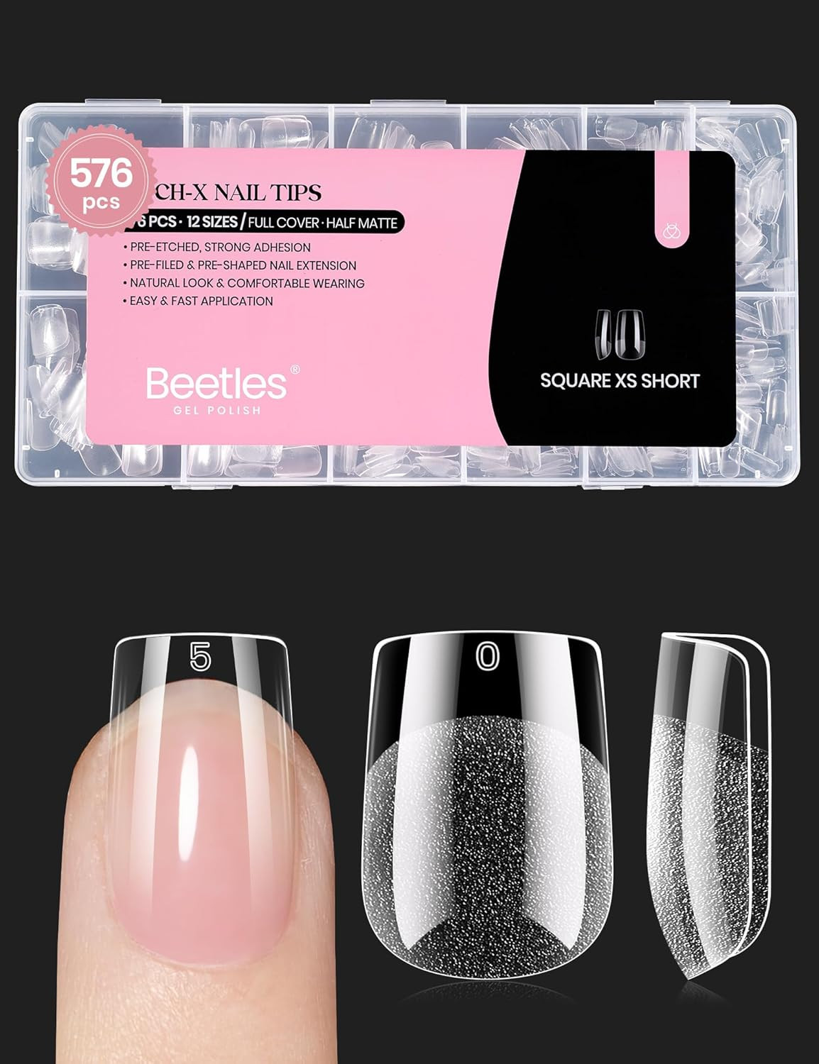 Beetles Toe Nail Tips Square – 16 Sizes 192 Pcs Full Cover Nail Tips Fake Acryli