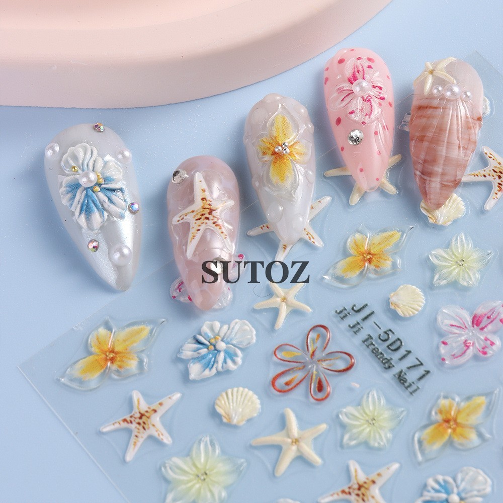 Summer 5D Embossed Ocean Nail Art Stickers Flower Starfish Seashell Coconut NH29
