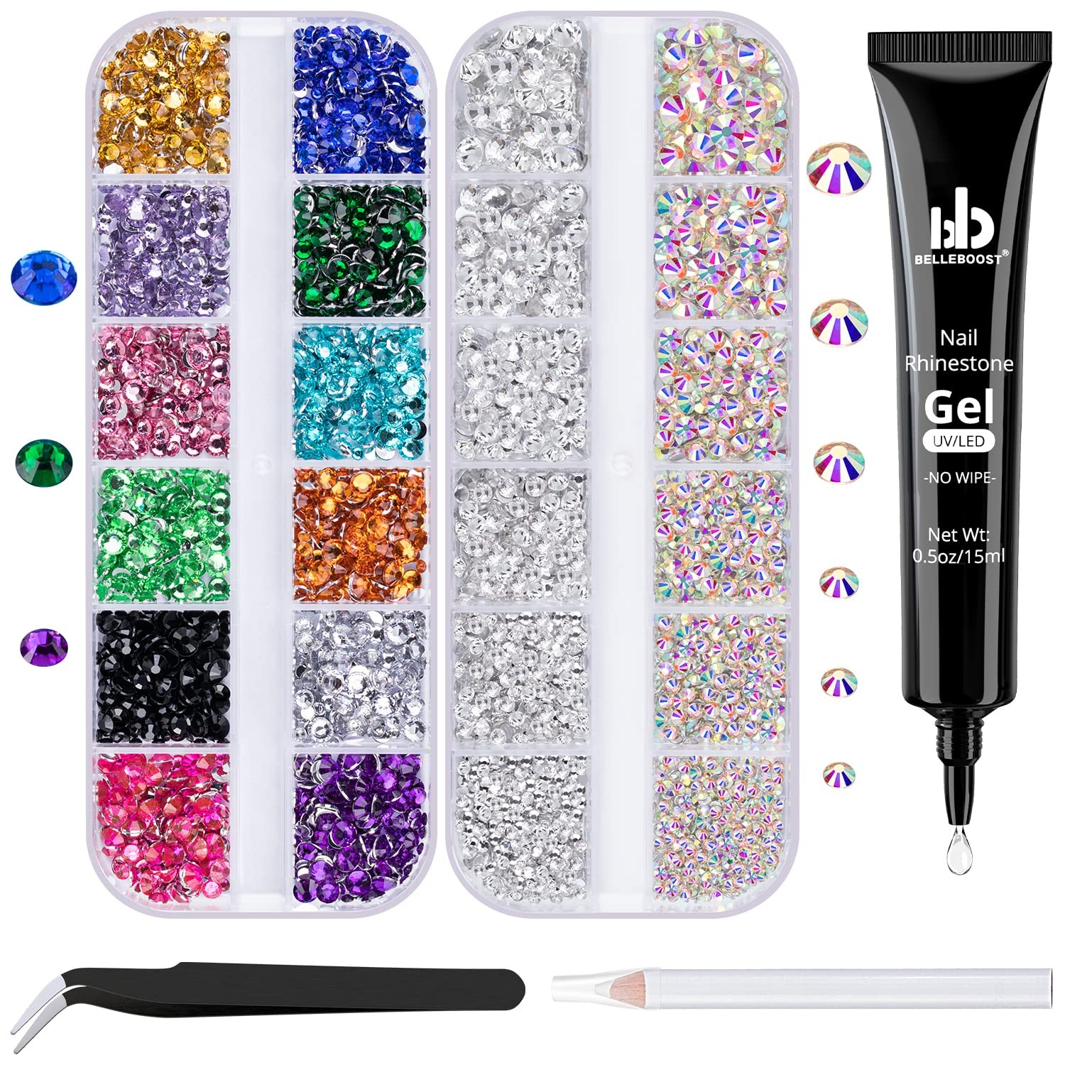 Nail Art Rhinestones Kit 3D Flat Back Glass Crystal Gemstones for Nails