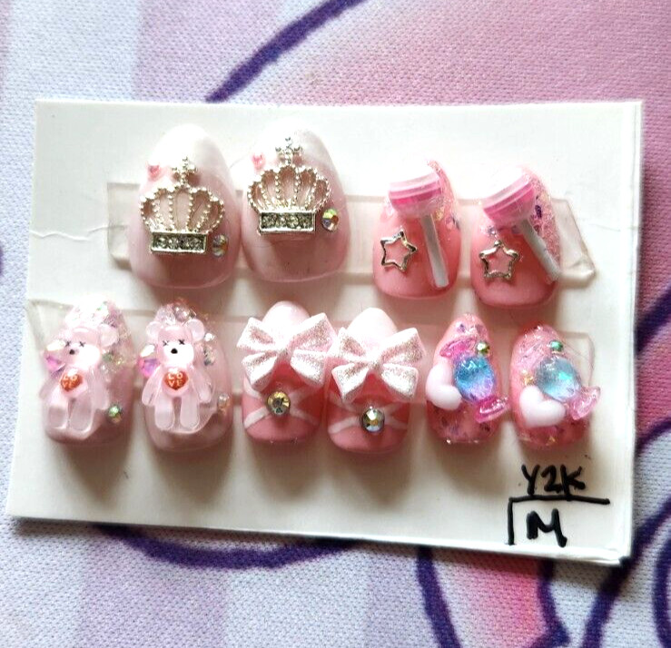 Hand Painted Custom “Y2K” Extra Short Almond Length Press On Nails (size M)