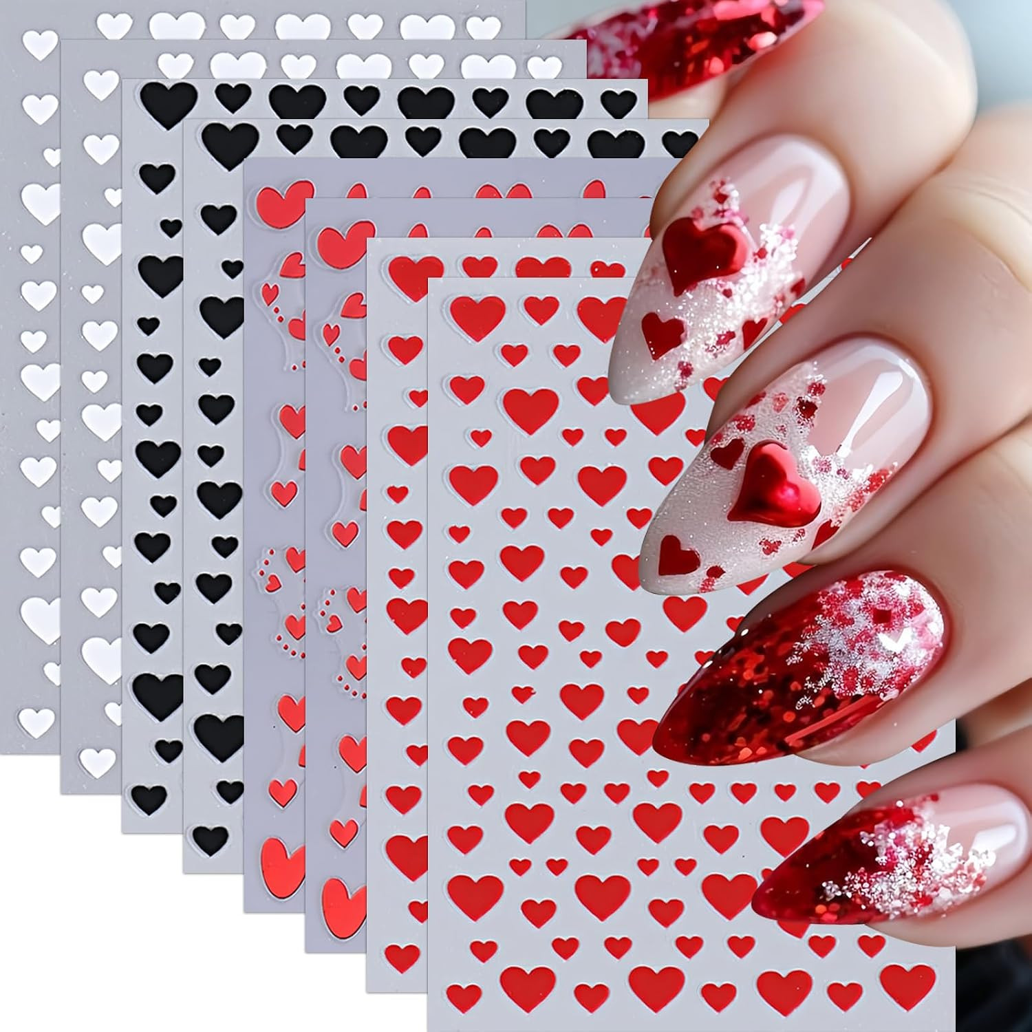 8Sheets Heart Nail Stickers Red Love Nail Decals 3D Self-Adhesive Valentine’S Da