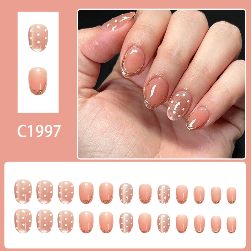 48Pcs-Short Almond Nude Pink Gold Trim White Polka Dot Elegant Press on Nails