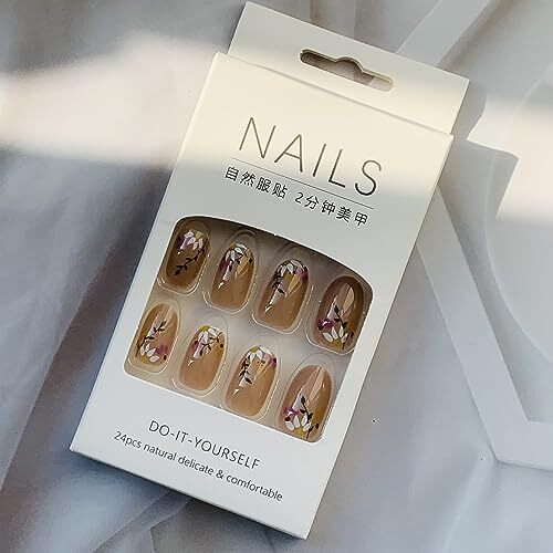 Flower Press on Nails Oval Shapes, Full Cover Acrylic Oval Short Flower W164