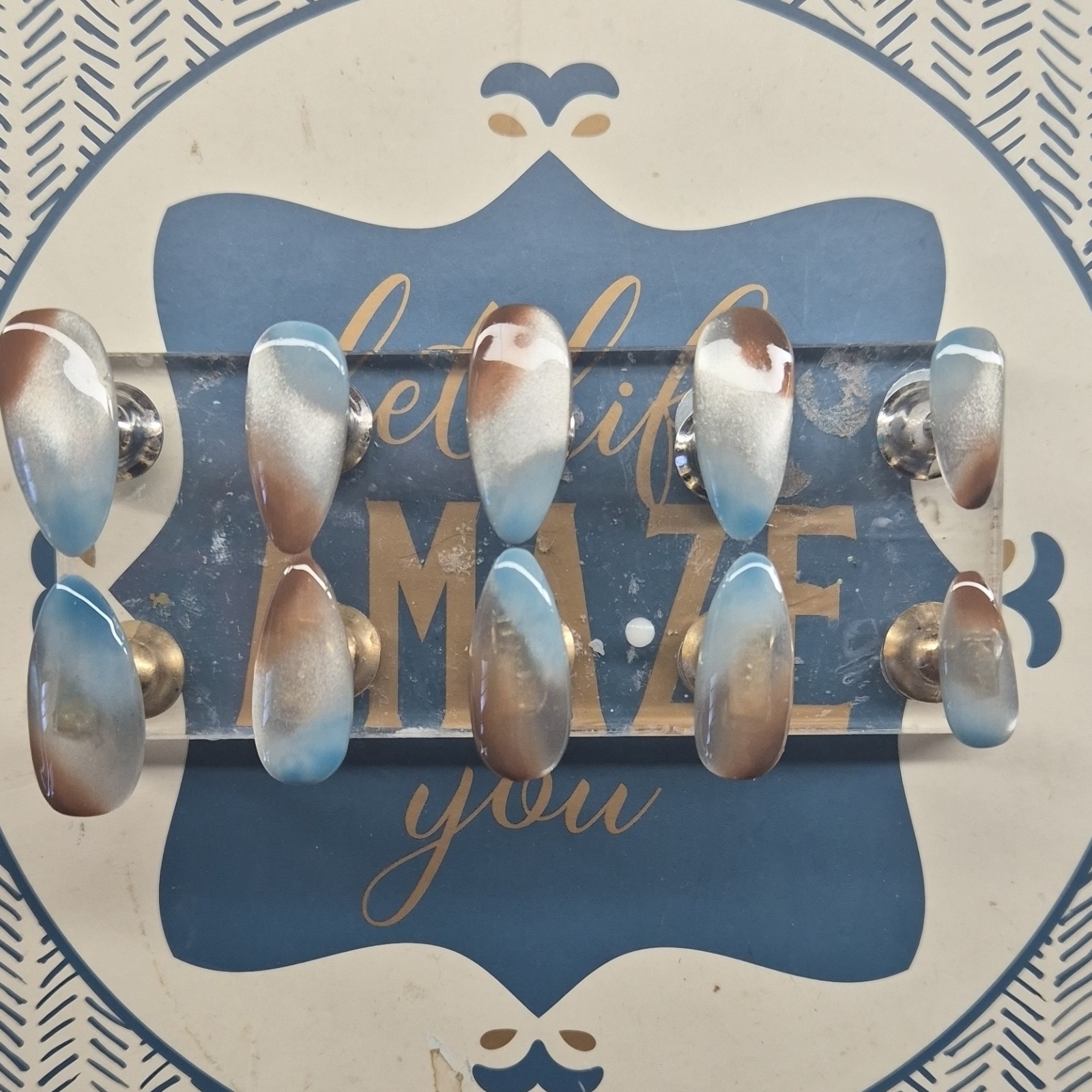 Blue Brown White Abstract Shiny Almond Press-On Nails Pre-Designed Full Cover