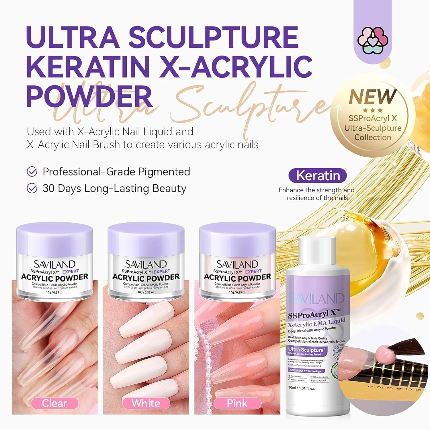 Acrylic Nail Kit: Clear Pink White Acrylic Powder and Professional Liquid Set fo