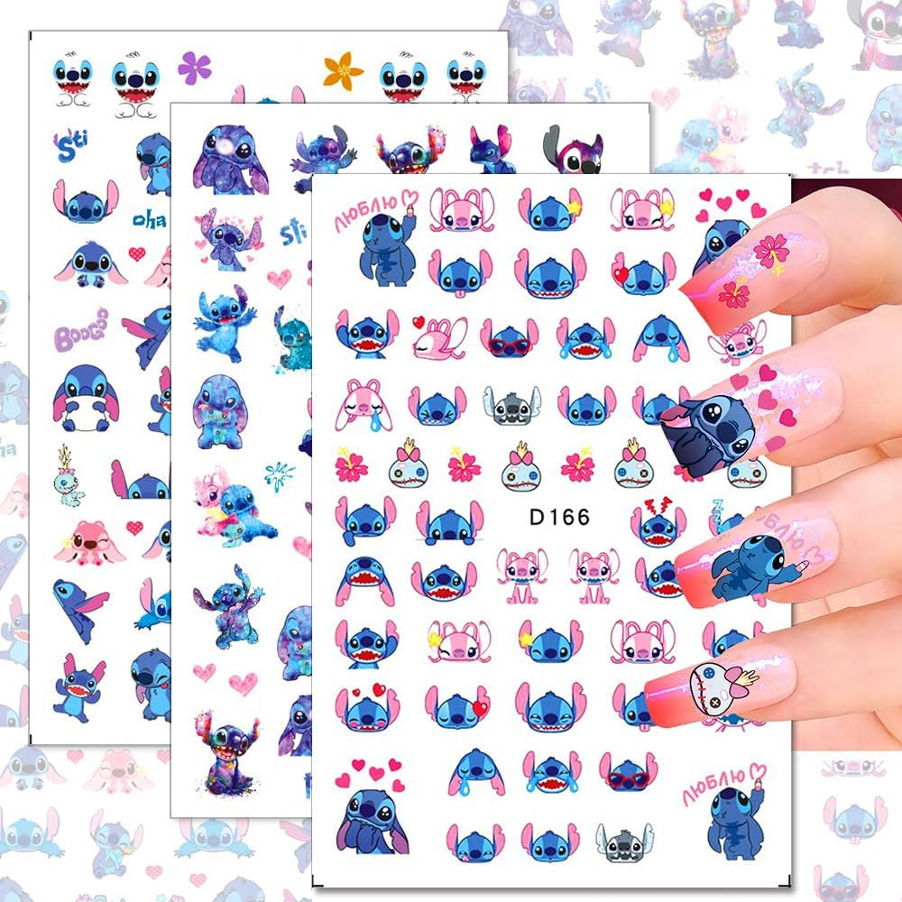 12 Sheets Blue Monster Nail Stickers Decals 3D Cartoon Pink Blue Animal Self Adh