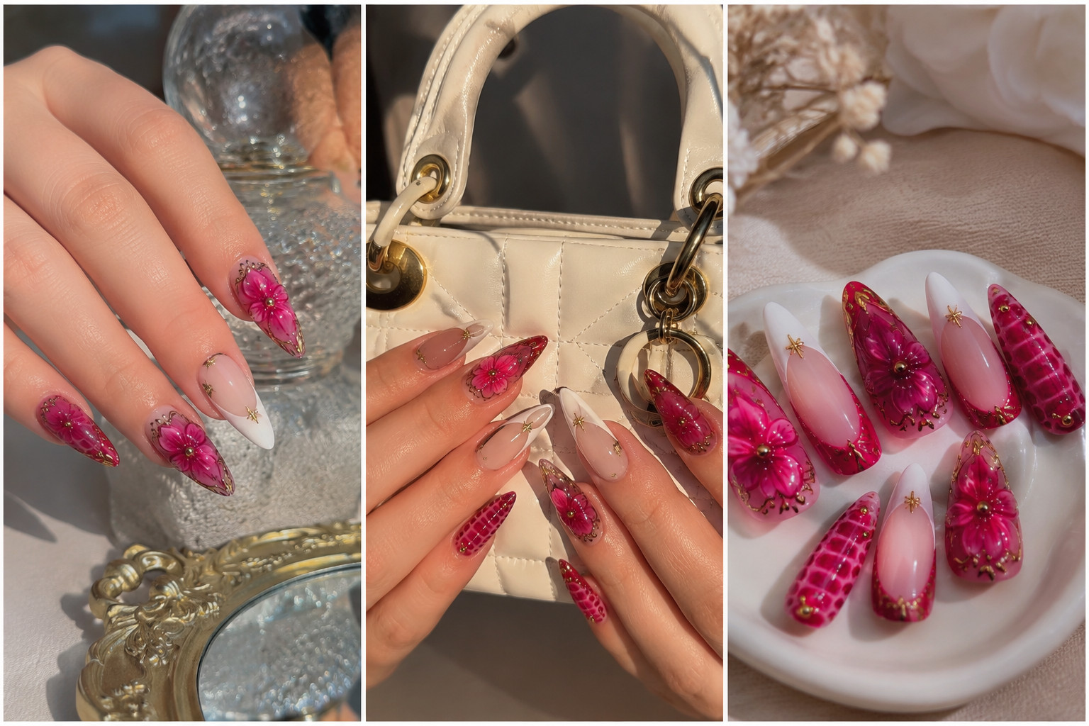 Pink Flower Press On Nails Short Almond Full Cover Reusable False Nails 24PCS