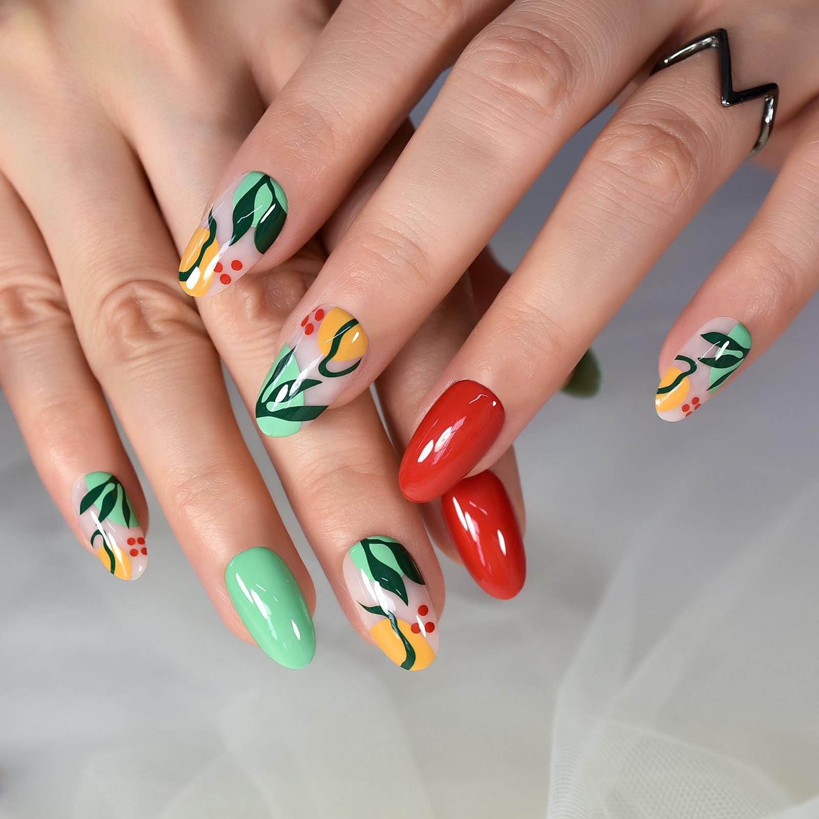 Pre-design Press On Nails Glossy Green Red False Nails Medium Long Nail Art T…