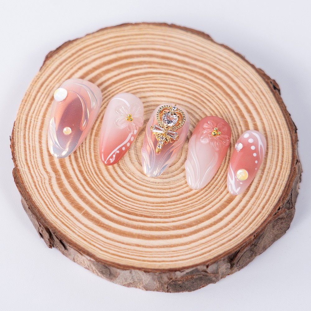 10pcs Peach Gradient Almond Nails 3D Diamond Heart Pearl Luxury Wedding