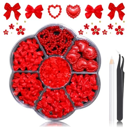 Heart Bow Nail Charms Valentine’s Day Charm for Acrylic Nails 3D Tiny Red