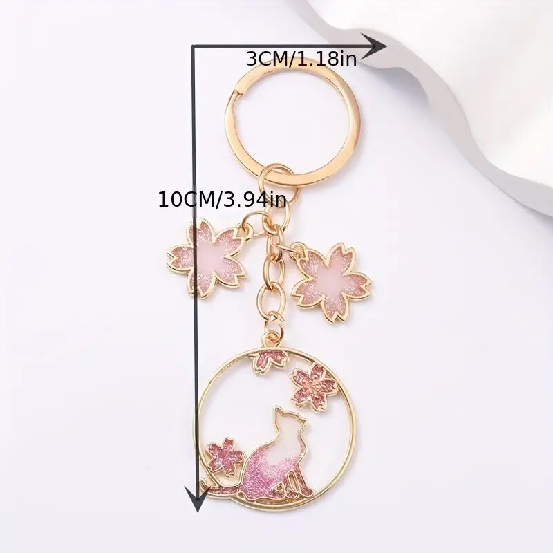 New ~ Glitter Cat Cherry Blossom Sakura Charm Keychain Accessories Key Ring Bag