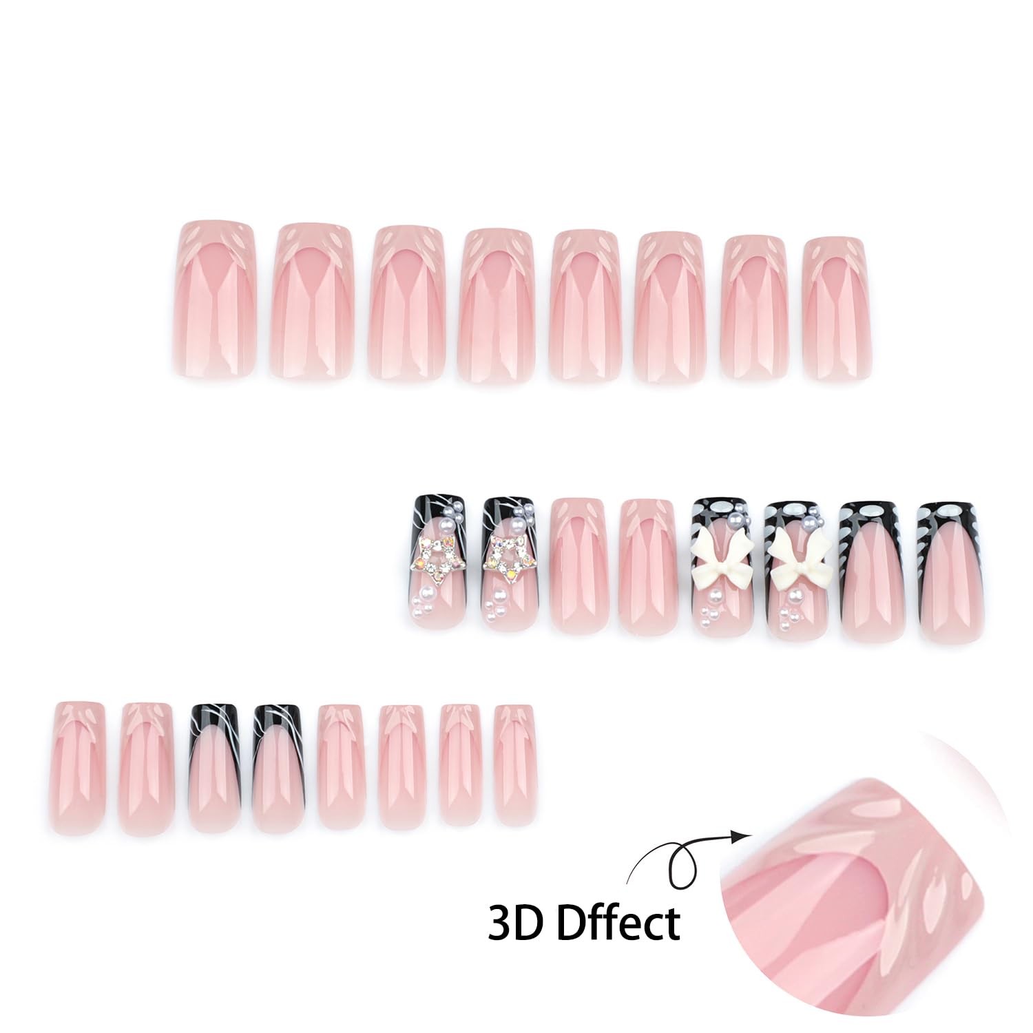 Press on Nails Medium Long Pink Fake Nails 3D Butterfly Knot Pearl Sparkling …