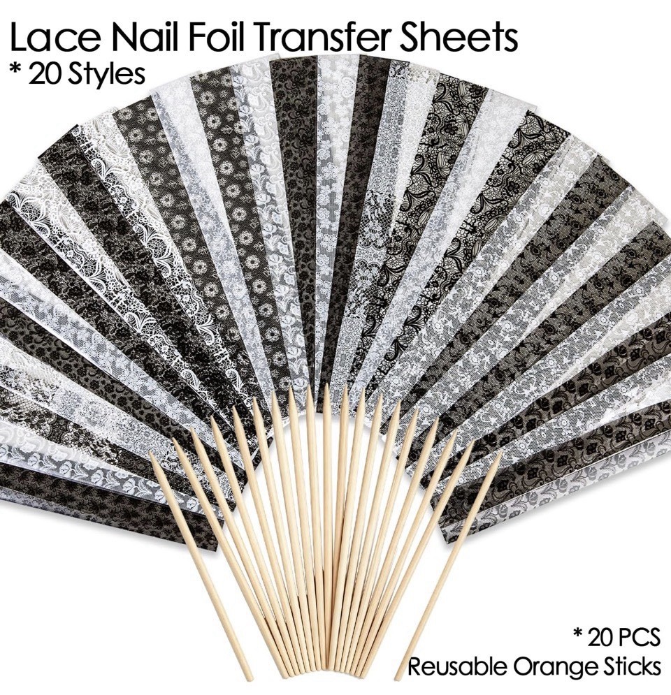 60 Sheets Black Lace Nail Foil Art Design With 60 Reusable Sticks