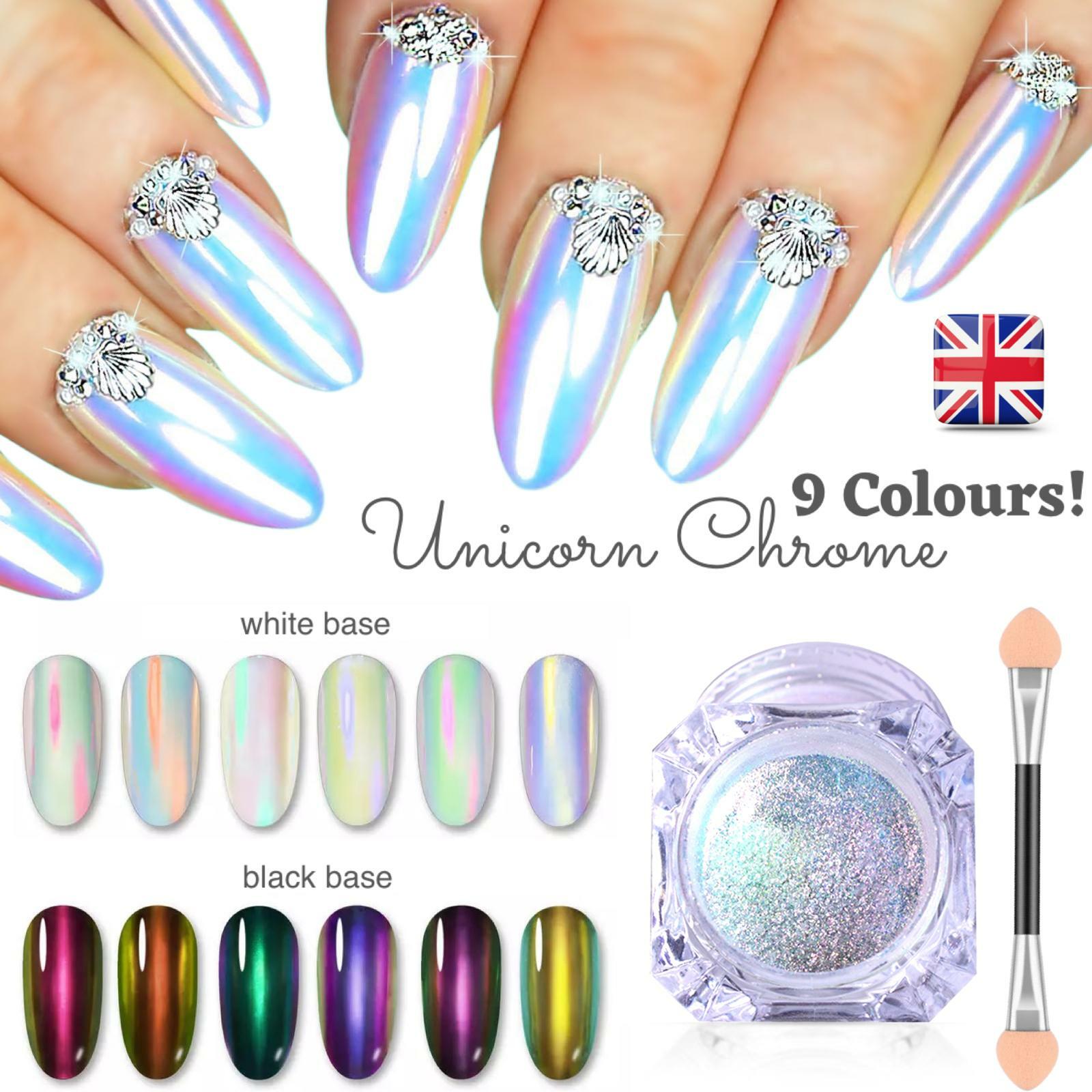 9 Colours UNICORN AURORA NAIL CHROME POWDER Rainbow Mirror Mermaid Chameleon UK