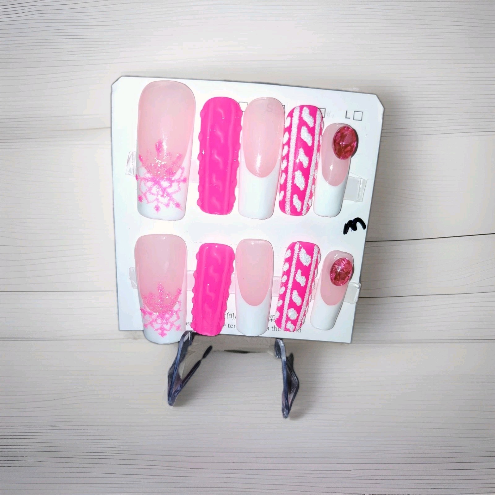 Long Square Pink White 3D Shimmer Snowflake Winter Press-On Nails Full Cover