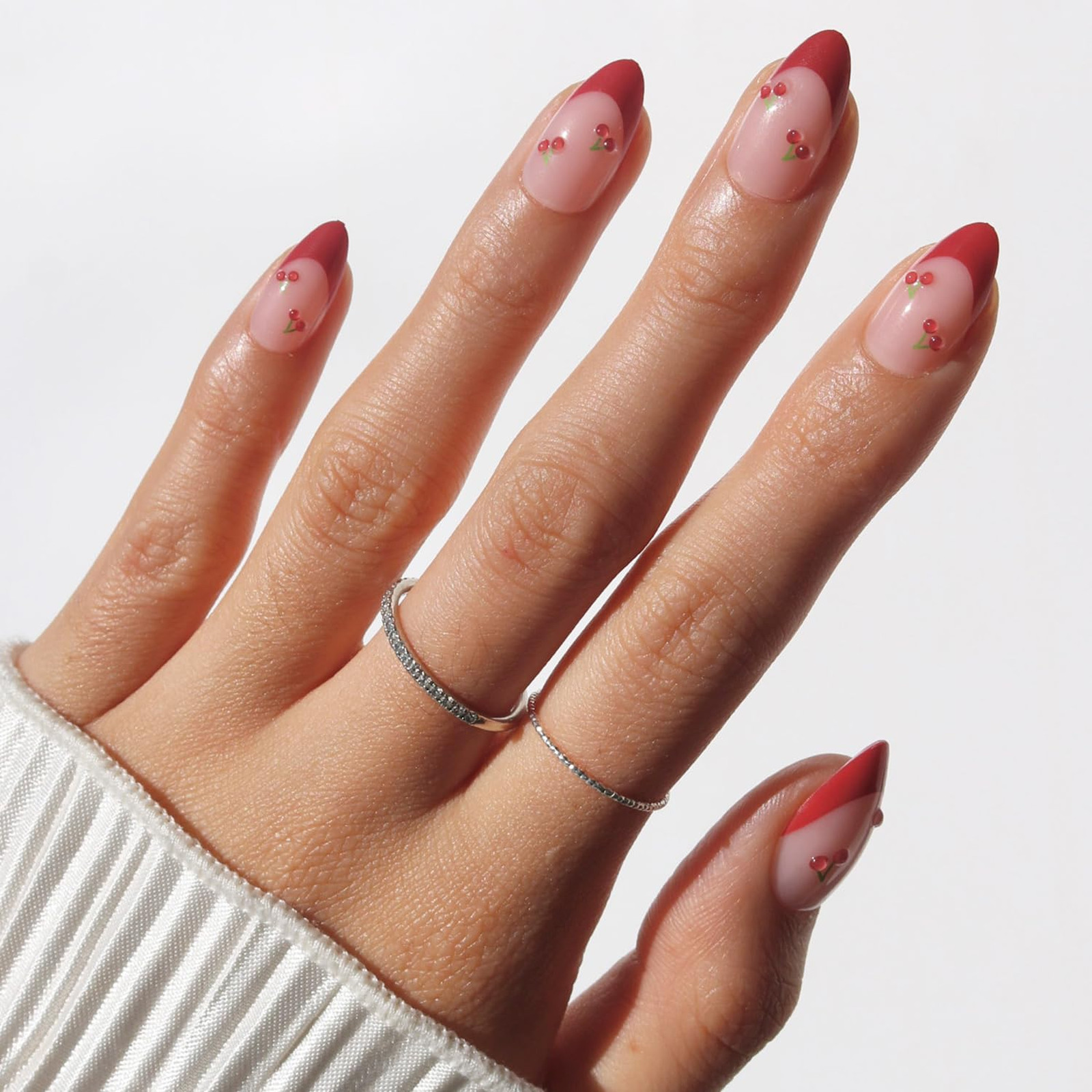 Press On Nails Cherry Bomb Short Almond Fake Nails Glossy Red French Tips 3D