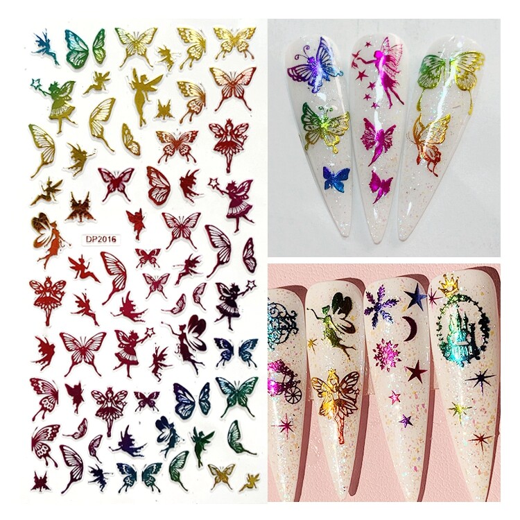 Butterfly Nail Sticker Angel Queen Rose Heart Crown Stars Carriage Laser Decals