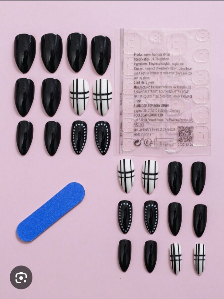 24 Pcs Press-On Nail Long Almond Matte Black & White with Dots & Plaid