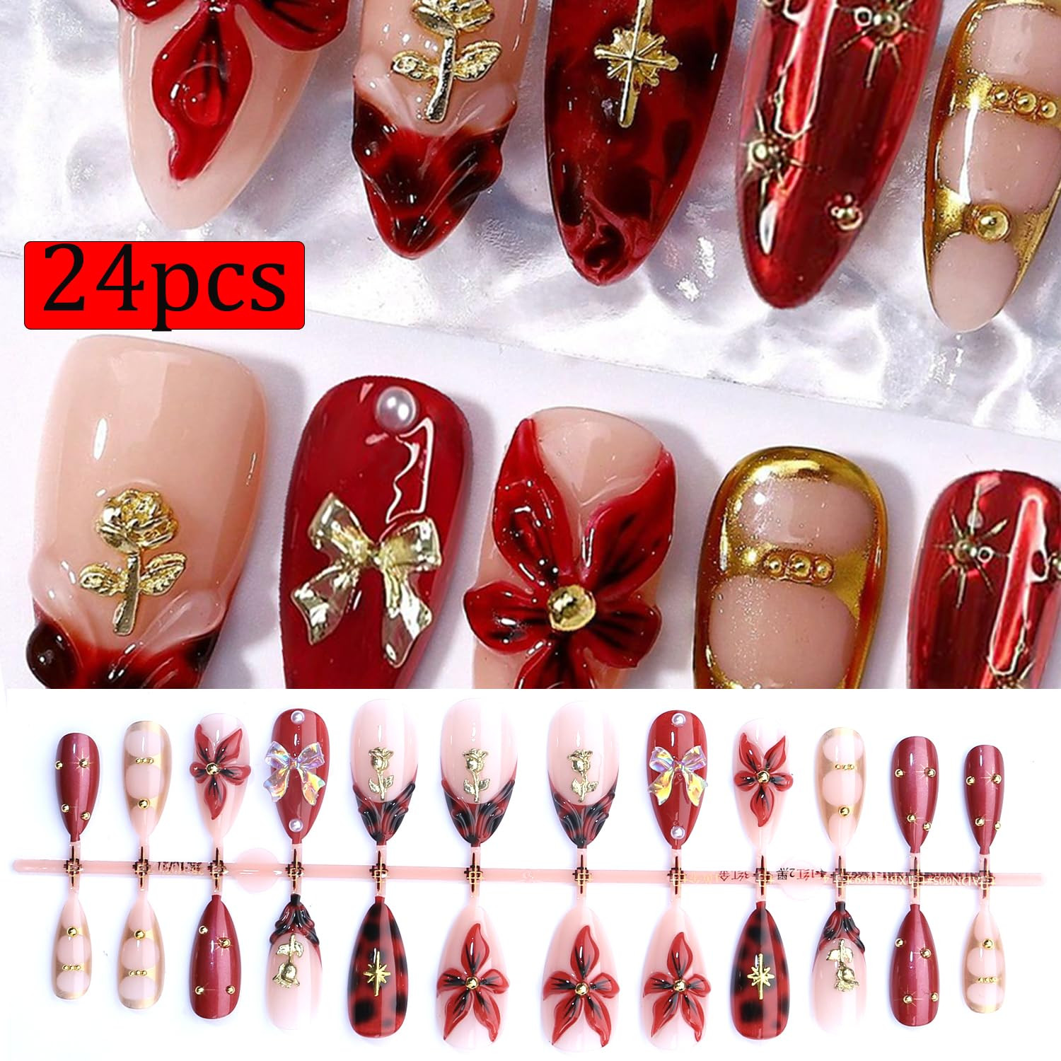 24Pcs Flower Press on Nails Medium Almond Fake Nails with 3D Bow Rose Gold Beads