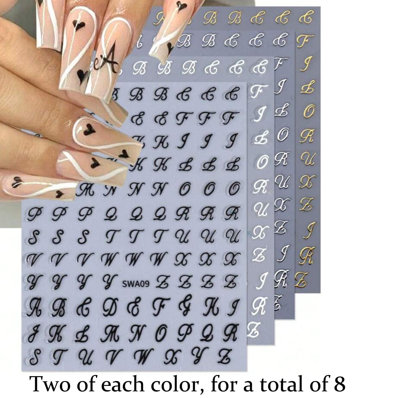 NOOEPC Letter Nail Stickers, 8 Sheets 3D Gold, Silver, Black and White
